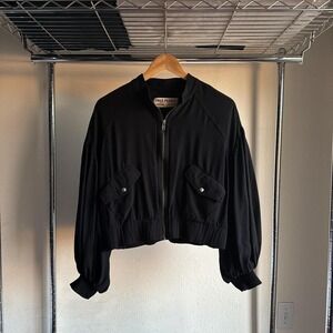 Flowy Black Free People Cropped Pointe Bomber Full Zip Jacket with Puffy Sleeves